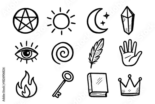 Hand drawn mystic symbols collection for spiritual and esoteric themes
