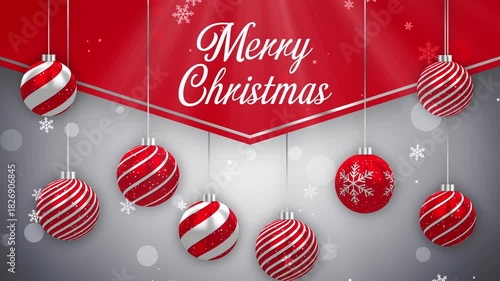 Merry Christmas Greetings Text Background Animation with Christmas baubles and Snow