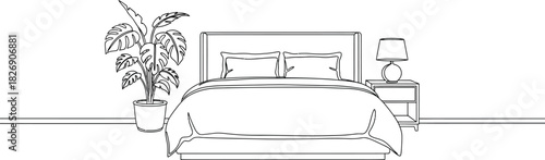 Bedroom Interior with Bed Plant Lamp and Nightstand Simple Line Art Black and White Home Decor Furniture Design 125 Characters