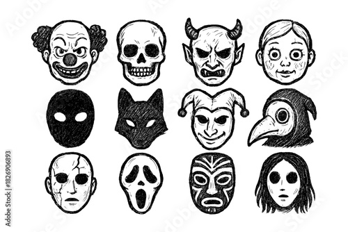 Spooky mask collection: hand-drawn halloween faces featuring clown, skull, and more