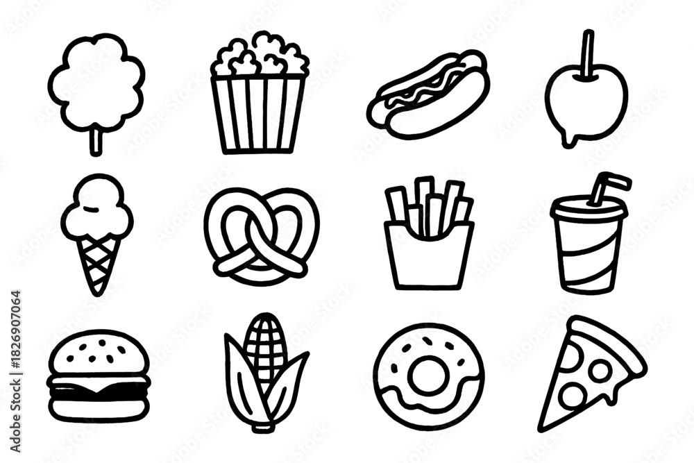 Fototapeta premium Outline icons of classic snack foods for amusement parks, festivals, and street fairs