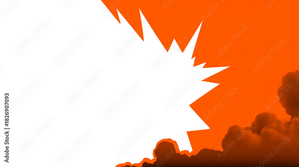 Obraz premium Orange sky with dramatic black explosion shape and fluffy clouds, creating bold, dynamic, and intense atmosphere suitable for comic or graphic design backgrounds