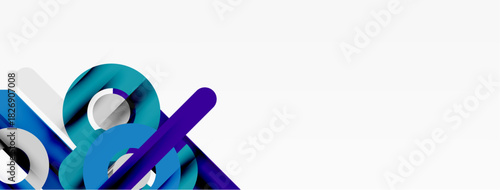 Abstract shapes, blue tones, white background. Modern design elements create dynamic composition. Minimalist aesthetic.