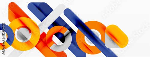 Abstract geometric shapes overlap, creating dynamic composition. Orange, blue, gray tones dominate design. Modern aesthetic.