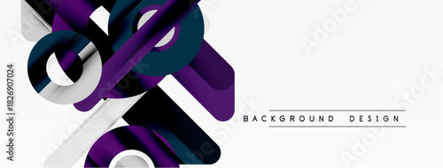 Abstract geometric shapes overlap, creating dynamic composition. Purple, silver, white colors dominate design. Modern aesthetic.