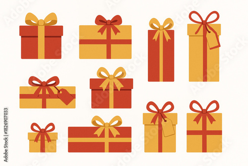 Holiday gift icon pack with square rectangular and tall boxes festive bows and tags clean flat illustration isolated on white