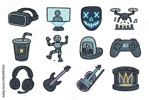Hand drawn technology and entertainment icons for digital media projects
