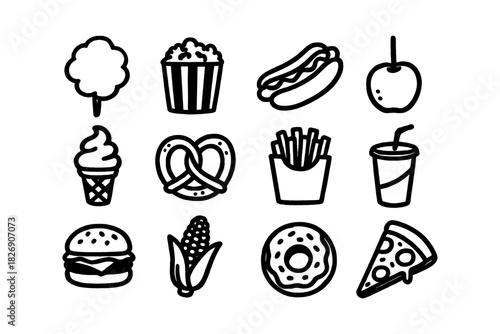 Hand-drawn black and white fast food icons: from pizza to popcorn