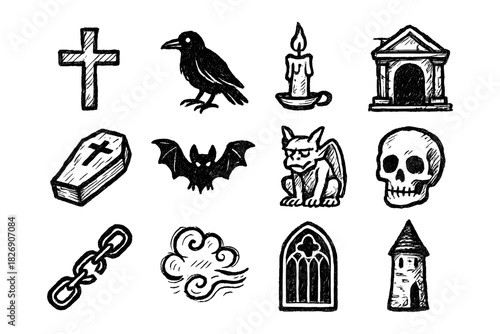 Gothic icons collection: hand-drawn elements for halloween and horror themes