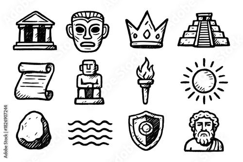 Ancient civilization icons: temples, artifacts, and leaders in hand-drawn style