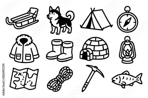 Winter adventure icons: camping, sled, dog, lantern, and more
