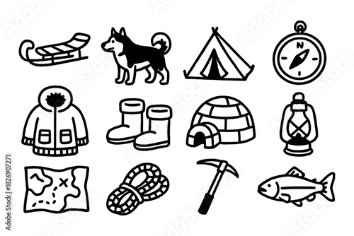 Winter adventure icons: sled, dog, tent, and more in bold black and white design