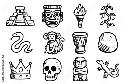 Ancient mayan icons: hand-drawn cultural symbols and artifacts collection