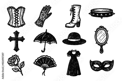 Vintage gothic icons set: corset, lace gloves, boots, choker, and more in handdrawn style