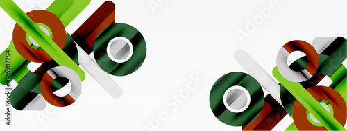Abstract geometric shapes, lines, circles overlap. Green, brown, white colors create modern design. Minimalist composition.