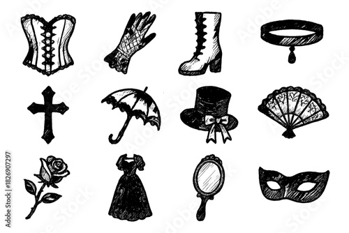 Hand-drawn vintage gothic fashion and accessories collection