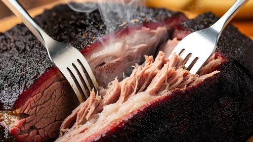 Juicy smoked brisket pulled apart with forks revealing tender meat and dark bark steam rising 4K Ai HD high quality video.
