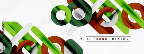 Abstract design features overlapping colorful ribbons. Modern geometric shapes create dynamic visual effect. Background includes green, brown, gray tones.