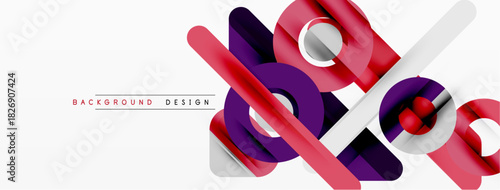 Abstract geometric shapes overlap, creating dynamic visual effect. Red, purple, white colors dominate design. Minimalist style.