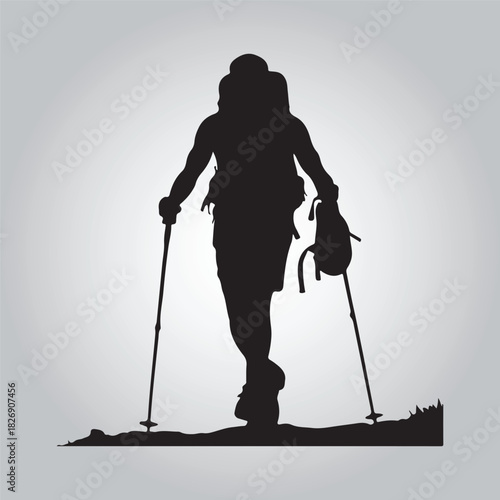 Hiking man Silhouettes. hiking man with rucksacks silhouette. hiker with backpack, vector silhouettes. mountaineer climber hiker people. Backpacker. walking with the aid of trekking poles.