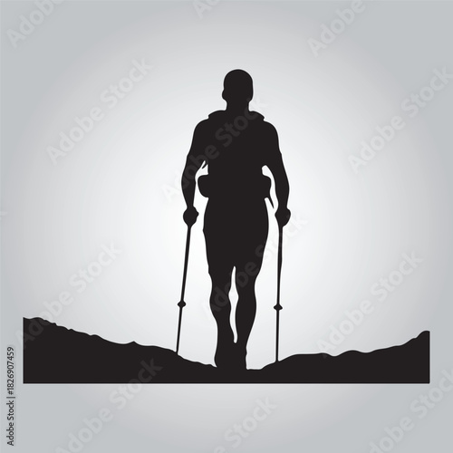 Hiking man Silhouettes. hiking man with rucksacks silhouette. hiker with backpack, vector silhouettes. mountaineer climber hiker people. Backpacker. walking with the aid of trekking poles.