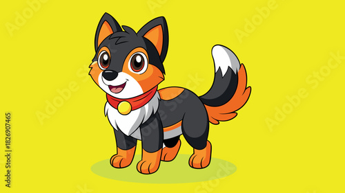 Cute cartoon dog with orange and black fur on a yellow background