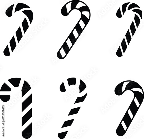 Set of Minimalist black candy cane christmas sweet silhouette vector icon