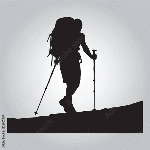 Hiking man Silhouettes. hiking man with rucksacks silhouette. hiker with backpack, vector silhouettes. mountaineer climber hiker people. Backpacker. walking with the aid of trekking poles.