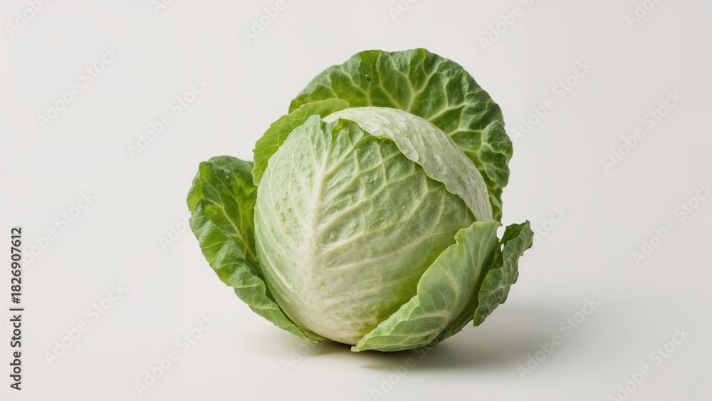 Obraz premium Fresh cabbage on a plain background. Healthy vegetables, fresh produce, and leafy greens. Natural food, nutrition, and agriculture concept.