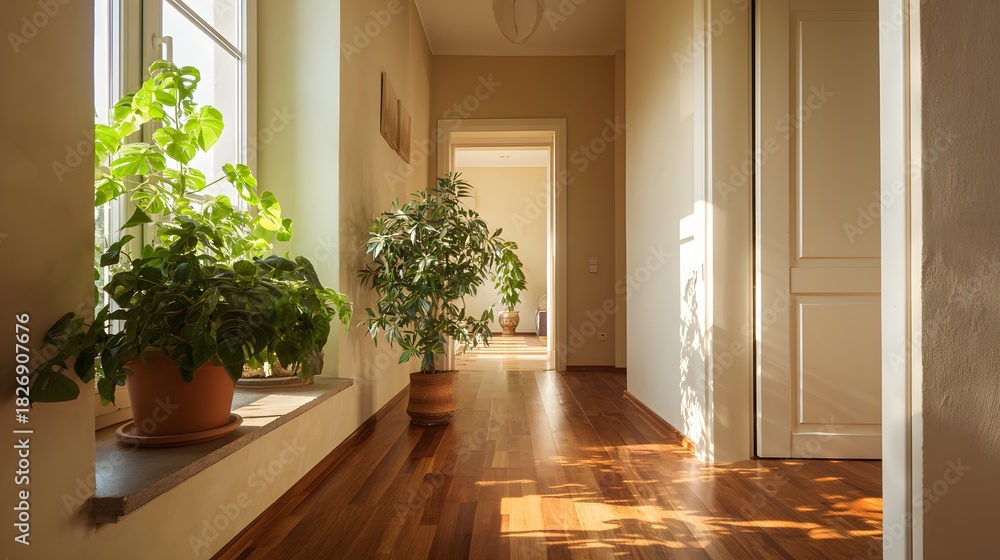 Obraz premium Sunlight streams across a warm interior hallway featuring potted houseplants near a window