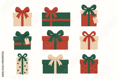 Holiday gift icon pack with square rectangular and tall boxes festive bows and tags clean flat illustration isolated on white