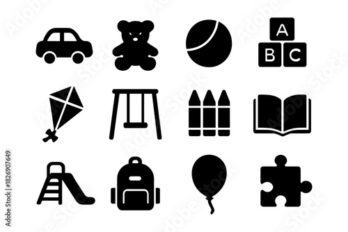 Set of simple black silhouette icons for children's toys and activities