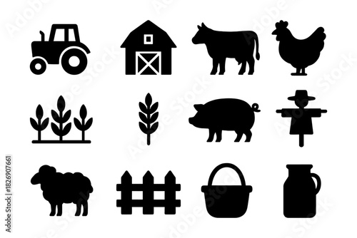 Farm icons set: silhouettes of animals, crops, and equipment