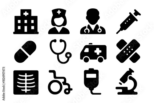 Essential medical icon set in bold silhouette style for healthcare applications