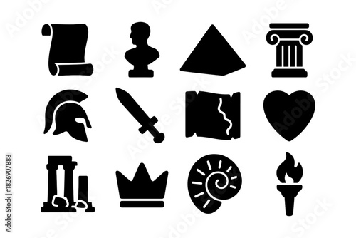 Ancient icons collection: classical symbols in bold silhouette style