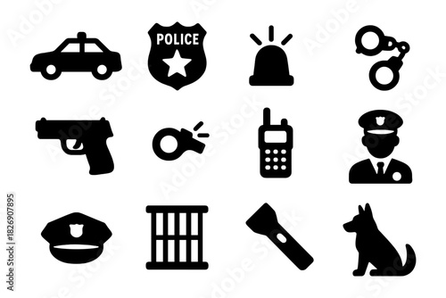 Police icon set: badge, handcuffs, patrol car, and more in solid black style