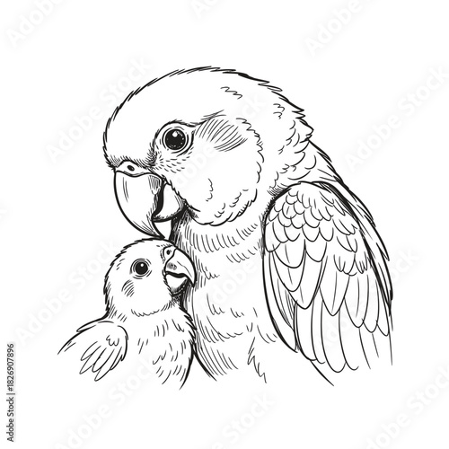 Tender Moment Lovebirds Parent and Child Line Art