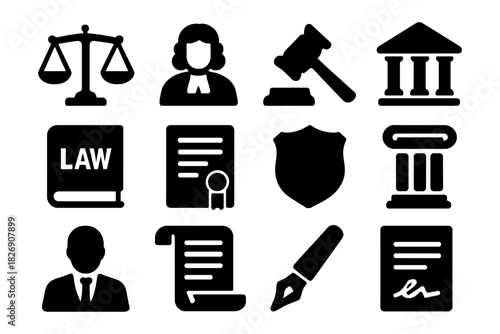 Legal icons set featuring scales, judge, gavel, and law symbols in silhouette style
