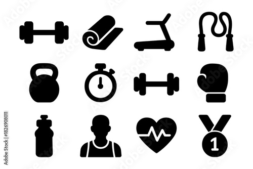 Fitness silhouette icons set featuring dumbbells, yoga mat, treadmill, and more