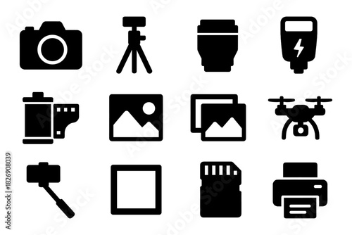 Essential photography icons set: camera, tripod, and drone silhouettes