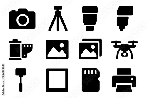 Photography equipment icons set featuring camera, tripod, lens, and more