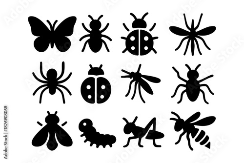 Collection of insect silhouettes featuring various bugs in simple black design