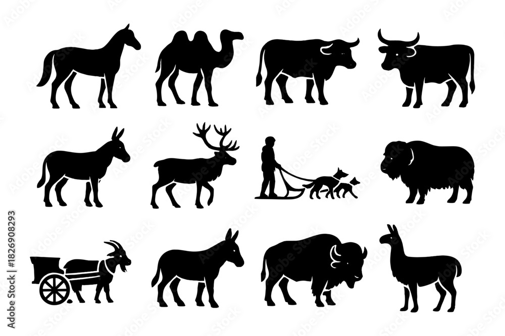 Fototapeta premium Silhouette collection of farm and wild animals with farmer and cart