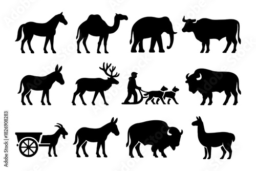 Silhouette of farm and wild animals with farmer and cart