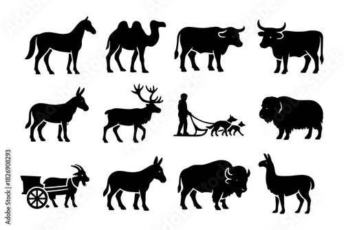 Silhouette collection of farm and wild animals with farmer and cart