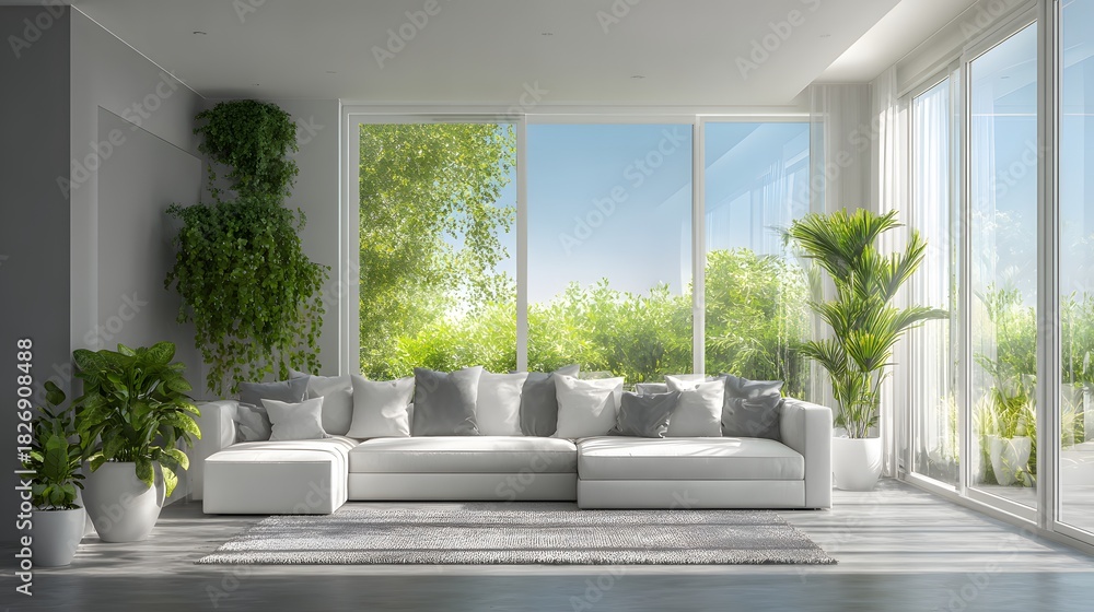 Obraz premium Modern living room showcases comfortable white sectional sofa surrounded by lush indoor foliage and bright exterior greenery through expansive windows