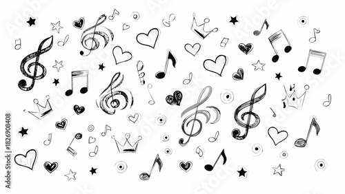 Hand drawn musical notes hearts and crowns scattered pattern