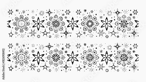 Whimsical hand drawn snowflakes and stars border design