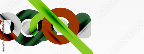 Abstract design features overlapping circles, lines. Colors include green, brown, gray, white. Modern, minimalist aesthetic.