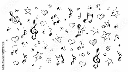 Hand drawn music notes hearts and stars doodle pattern